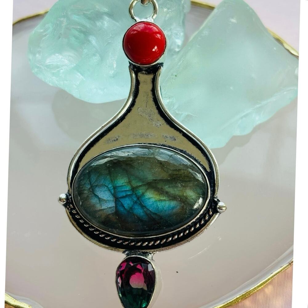 925 Sterling Labradorite Red Coral & Tourmaline Pendant